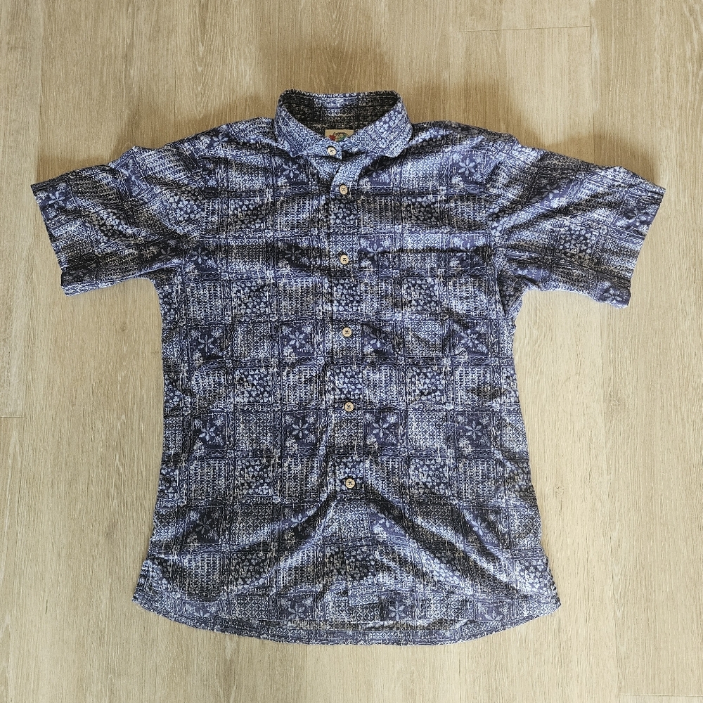 Emerald Island Okinawa Blue Pattern Hawaiian Aloha Shirt Cotton Made in Japan